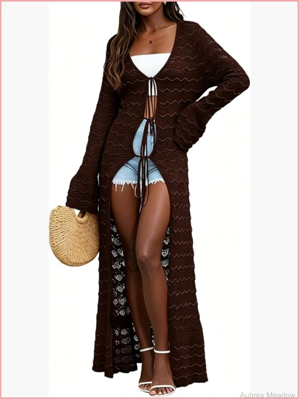Boho Crochet Maxi Cardigan Bell Sleeve Ruffle Front Tie Duster